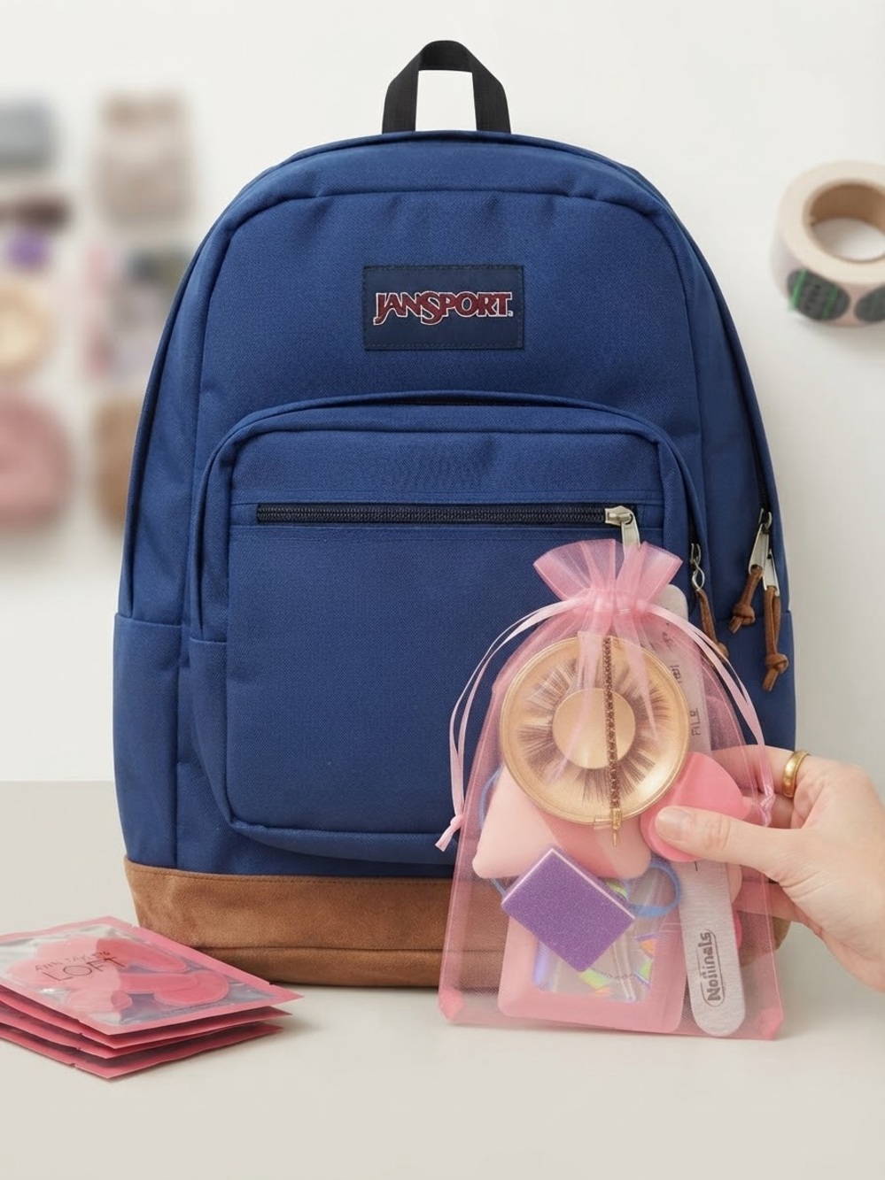 NWOT *Defect* JanSport Classic Navy & Suede Backpack & Custom Beauty Gift Bag